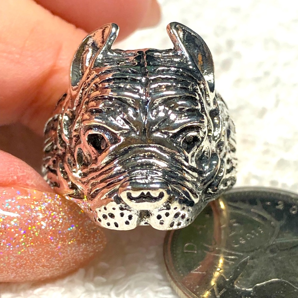 LAST CHANCE large bulldog/dog face silver plated ring-heavy-NEW